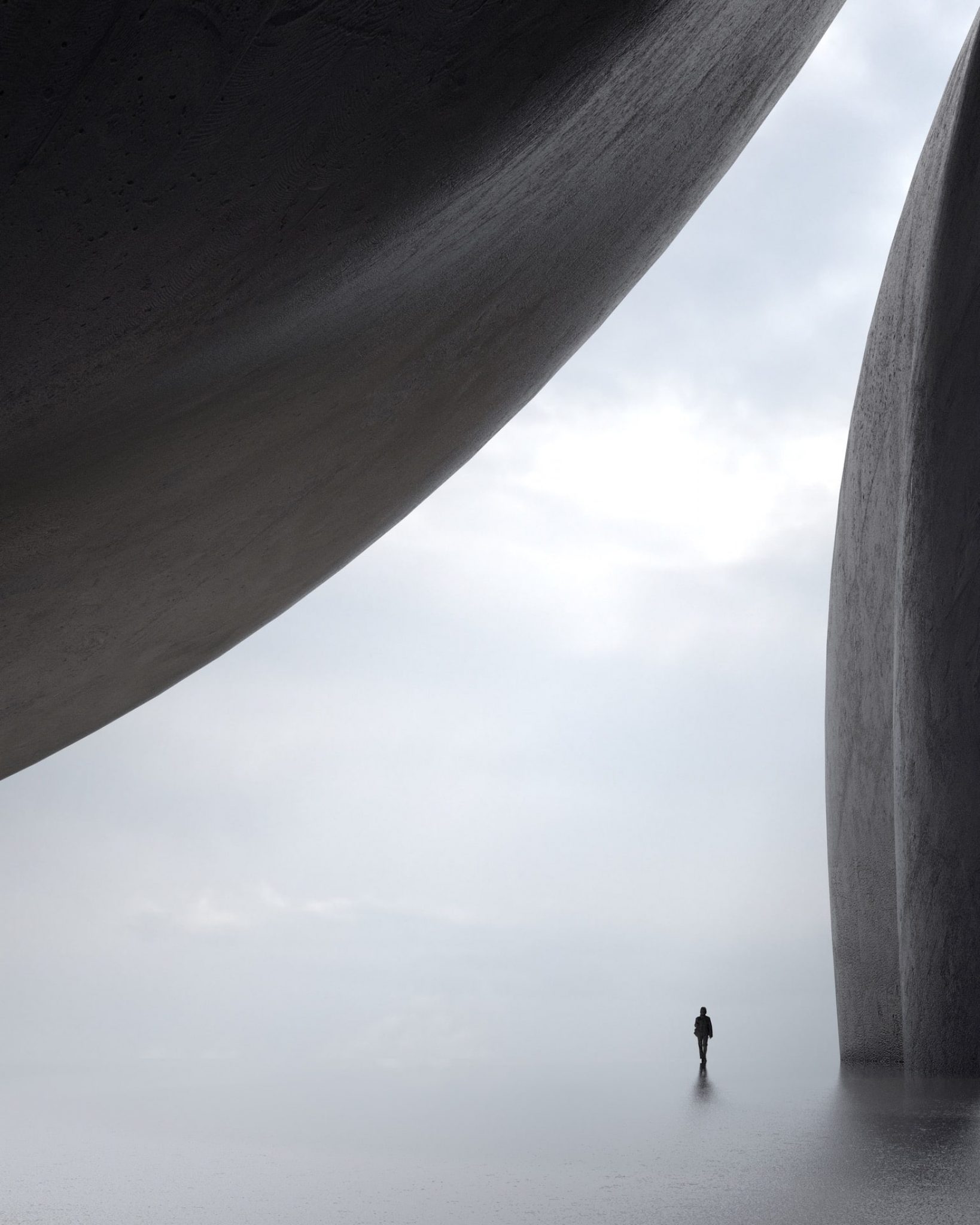 Curved concrete forms in mist