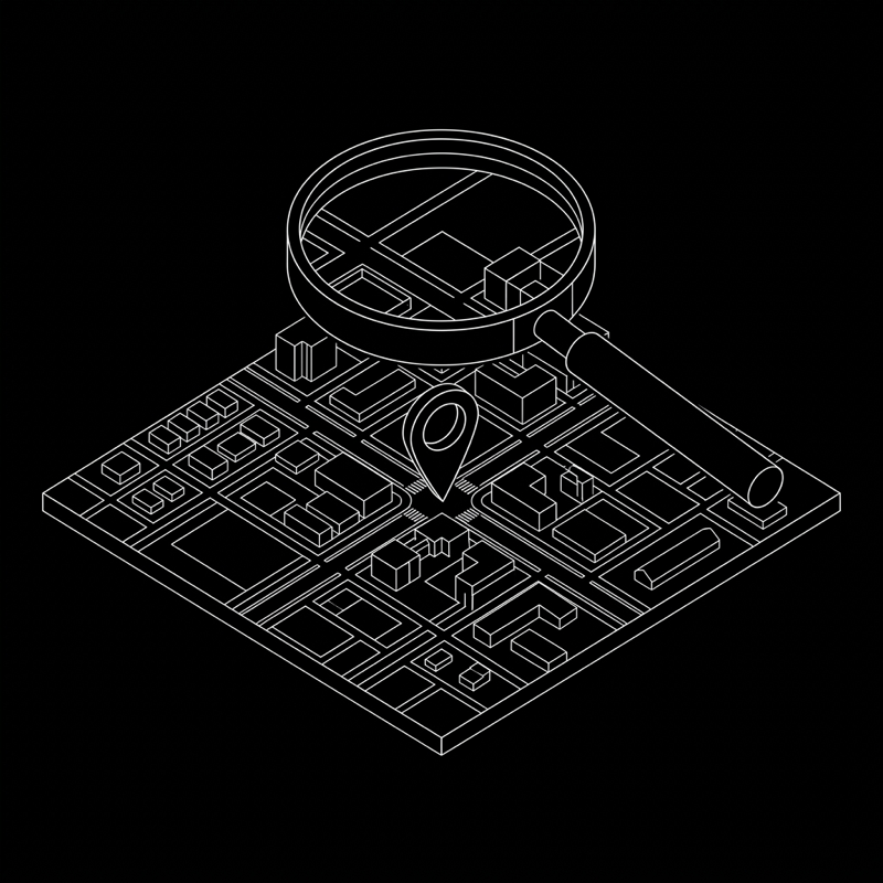 Wireframe line drawing of a magnifying glass over a map tile with a location pin