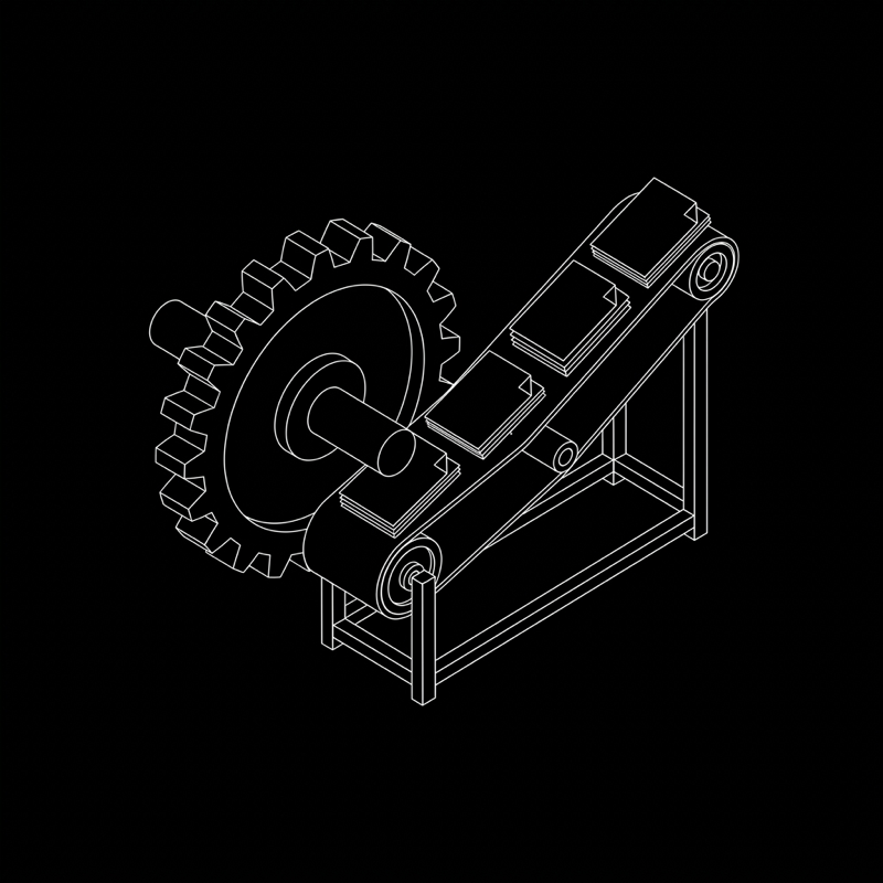 Wireframe line drawing of a gear meshed with a conveyor of documents
