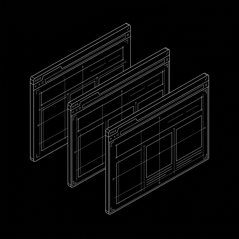 Wireframe line drawing of stacked browser windows
